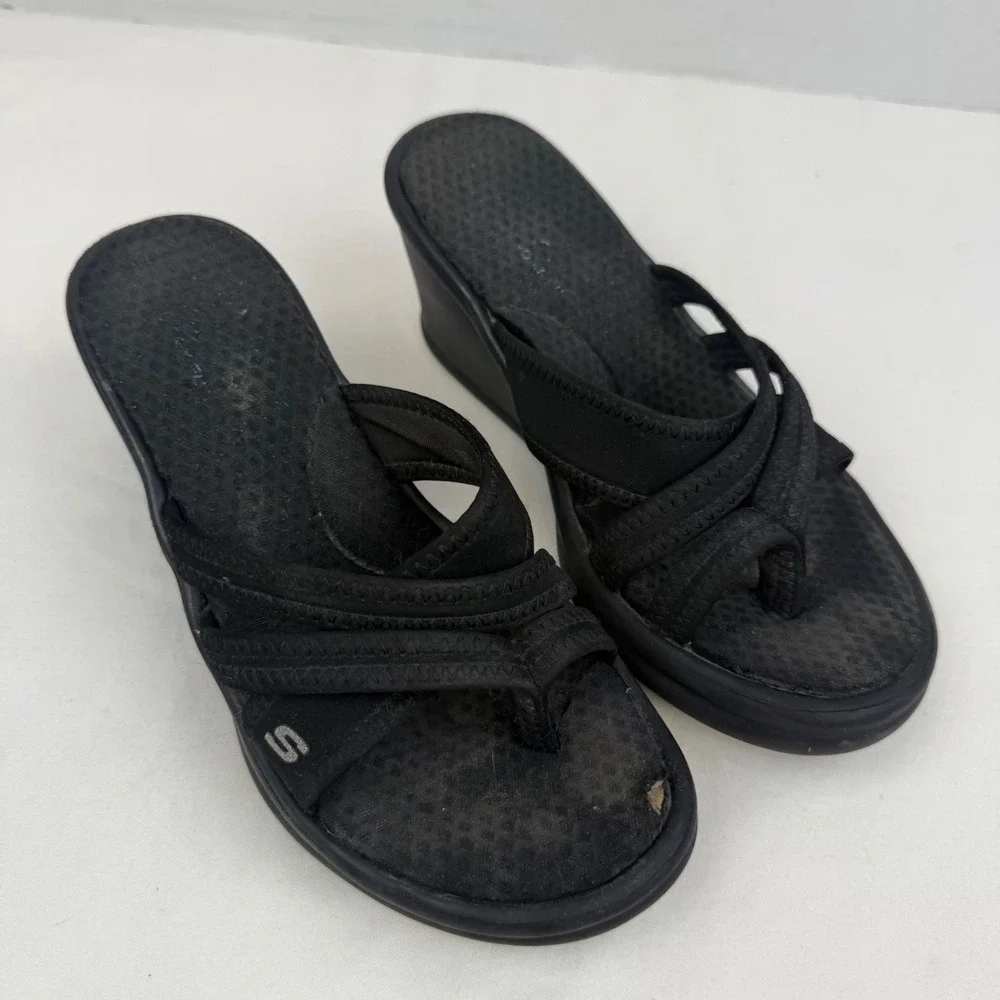 Y2K Vintage Skechers Cali Black Wedge Sandals Platform Thong Slides Size 6